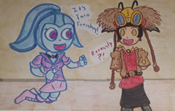 Size: 1280x808 | Tagged: safe, artist:dex stewart, imported from derpibooru, sonata dusk, alien, siren, equestria girls, crossover, disguise, disguised siren, duo, duo female, female, females only, marah, open mouth, open smile, power rangers, power rangers ninja storm, smiling, taco tuesday, talking, traditional art