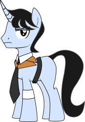 Size: 698x1000 | Tagged: safe, artist:adan druego, imported from ponybooru, pony, unicorn, adult, belt, belt buckle, blank flank, brown eyes, collar, curved horn, frown, horn, male, necktie, ponybooru collab 2021, ponybooru exclusive, simple background, stallion, transparent background