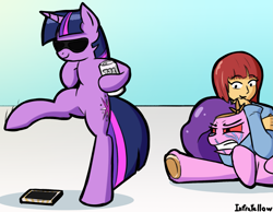 Size: 1785x1383 | Tagged: safe, artist:infrayellow, imported from derpibooru, pipp petals, twilight sparkle, human, pony, 30 year old boomer, angry, boomer, cellphone, chokehold, crying, g5, image, lauren faust, meme, monster energy, phone, png, smartphone, sunglasses, the weak should fear the strong