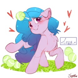 Size: 1080x1080 | Tagged: safe, artist:pkt3stptzliprff, imported from derpibooru, izzy moonbow, pony, unicorn, ball, blushing, chest fluff, cute, ear fluff, female, floppy ears, g5, grass, heart, horn, horn guard, horn impalement, hornball, izzy's tennis ball, izzybetes, looking at you, mare, raised hoof, signature, simple background, smiling, tennis ball, white background