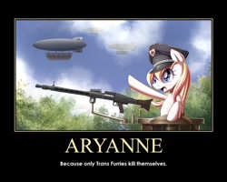 Size: 800x640 | Tagged: safe, artist:aryanne, oc, oc only, oc:aryanne, earth pony, pony, airship, aryan pony, demotivational poster, fascism, female, forest, gun, hat, heil, machine gun, meme, mg-42, nazi, salute, sieg heil, sky, solo, starry eyes, swastika, tank (vehicle), weapon, wingding eyes, zeppelin