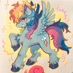 Size: 1024x1024 | Tagged: safe, artist:mefluiwave, imported from derpibooru, rainbow dash, pegasus, pony, chest fluff, ear fluff, female, leg fluff, mare, marker drawing, profile, smiling, solo, spread wings, traditional art, unshorn fetlocks, wings