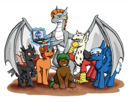 Size: 1280x1029 | Tagged: safe, artist:riverfox237, imported from derpibooru, changeling, dragon, earth pony, hippogriff, pegasus, pony, unicorn, fanfic:the maretian, alex vogel, beth johannsen, brown changeling, changelingified, chris beck, computer, dragonified, fanfic art, glasses, hippogriffied, laptop computer, levitation, magic, mark watney, melissa lewis, mud, ponified, rick martinez, simple background, species swap, spread wings, stethoscope, telekinesis, the martian, white background, wings
