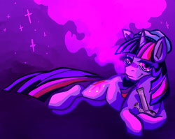 Size: 2048x1630 | Tagged: safe, artist:kitcatchronicl2, imported from derpibooru, pony, unicorn, beanie, bong, drugs, hat, highlight sparkle, lidded eyes, looking at you, smiling, smoke, solo, sparkles, stoner twilight