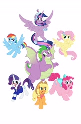 Size: 2667x4096 | Tagged: safe, artist:aleximusprime, imported from derpibooru, applejack, fluttershy, pinkie pie, rainbow dash, rarity, spike, twilight sparkle, alicorn, dragon, pony, flurry heart's story, adult, adult spike, alternate hairstyle, anklet, big crown thingy, bow, bracelet, chubby, chubby spike, clothes, cowboy hat, different hairstyle, ear piercing, earring, element of magic, fat, fat spike, glasses, hat, jewelry, mane seven, mane six, older, older spike, piercing, plump, ponytail, pudgy pie, regalia, shirt, shorter hair, stetson, tiara, twilight sparkle (alicorn), winged spike, wings, wip