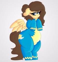 Size: 3830x4096 | Tagged: safe, artist:retro_hearts, imported from derpibooru, imported from ponybooru, oc, oc only, oc:retro hearts, pegasus, pony, bipedal, chubby, clothes, ears, female, floppy ears, freckles, lidded eyes, mare, plump, redraw, smiling, solo, spread wings, uniform, wings, wonderbolts uniform