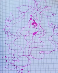 Size: 1080x1350 | Tagged: safe, artist:tessa_key_, imported from derpibooru, oc, oc only, earth pony, pony, bust, earth pony oc, eyelashes, flower, flower in hair, graph paper, smiling, solo, traditional art