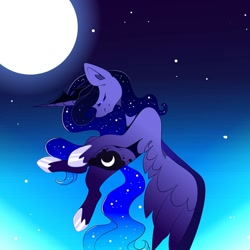Size: 1080x1079 | Tagged: safe, artist:tessa_key_, imported from derpibooru, alicorn, pony, ethereal mane, eyes closed, female, flying, full moon, hoof shoes, horn, mare, moon, night, solo, starry mane, stars, wings