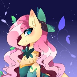 Size: 1080x1080 | Tagged: safe, artist:tessa_key_, imported from derpibooru, fluttershy, pegasus, pony, bust, clothes, eyelashes, female, makeup, mare, night, smiling, solo, stars