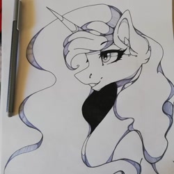 Size: 1080x1080 | Tagged: safe, artist:tessa_key_, imported from derpibooru, princess luna, alicorn, pony, bust, ear fluff, eyelashes, female, grin, horn, lineart, mare, smiling, traditional art