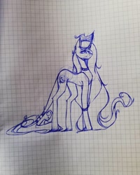 Size: 1080x1350 | Tagged: safe, artist:tessa_key_, imported from derpibooru, oc, oc only, oc:dark moon, pony, unicorn, curved horn, female, graph paper, horn, leonine tail, lineart, mare, solo, traditional art, unicorn oc