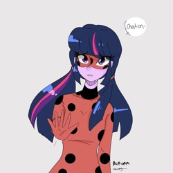 Size: 1080x1080 | Tagged: safe, artist:rapunzelights, artist:twiskielulamoon, imported from derpibooru, sci-twi, twilight sparkle, equestria girls, becoming what you fear, clothes, female, gloves, gray background, ladybug (miraculous ladybug), mask, miraculous ladybug, motorcross, signature, simple background, solo, talking