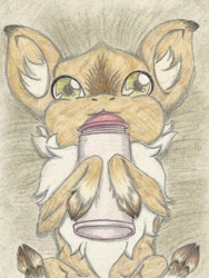 Size: 1683x2243 | Tagged: safe, artist:cindertale, imported from derpibooru, oc, oc only, oc:cinder, deer, baby, baby bottle, chest fluff, cloven hooves, cute, deer oc, ear fluff, solo, traditional art