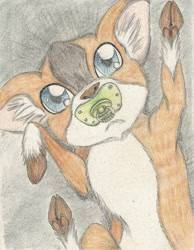 Size: 1740x2245 | Tagged: safe, artist:cindertale, imported from derpibooru, oc, oc only, deer, baby, cloven hooves, deer oc, ear fluff, pacifier, solo, traditional art