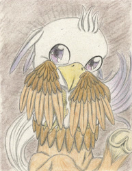 Size: 1741x2252 | Tagged: safe, artist:cindertale, imported from derpibooru, oc, oc only, oc:silver quill, hippogriff, cute, frog (hoof), hippogriff oc, ocbetes, smiling, solo, traditional art, underhoof, wings