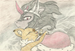 Size: 2961x2025 | Tagged: safe, artist:cindertale, imported from derpibooru, king sombra, oc, oc:cinder, deer, pony, reindeer, unicorn, bust, cape, clothes, duo, eyes closed, high res, horn, hug, male, smiling, stallion, traditional art