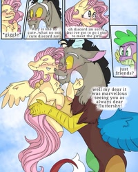 Size: 899x1123 | Tagged: safe, artist:cocolove2176, imported from derpibooru, discord, fluttershy, spike, draconequus, dragon, pegasus, pony, comic:fluttering chaos, blushing, comic, dialogue, discoshy, female, flying, hug, male, mare, outdoors, shipping, smiling, straight