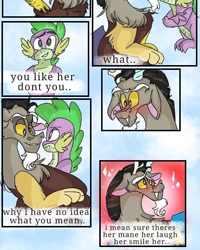 Size: 540x676 | Tagged: safe, artist:cocolove2176, imported from derpibooru, discord, spike, draconequus, dragon, comic:fluttering chaos, blushing, comic, crossed arms, dialogue, flying, implied discoshy, implied fluttershy, implied shipping, implied straight, male, outdoors, shipping, smiling