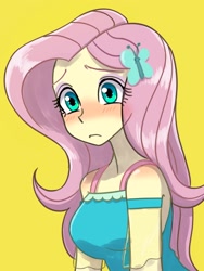 Size: 1620x2160 | Tagged: safe, artist:haibaratomoe, imported from derpibooru, fluttershy, equestria girls, equestria girls series, blushing, breasts, busty fluttershy, butterfly hairpin, clothes, cute, dress, eyeshadow, female, fluttershy boho dress, frown, hairpin, makeup, shyabetes, simple background, solo, yellow background