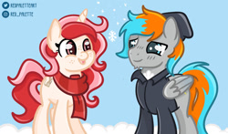 Size: 1280x755 | Tagged: safe, artist:redpalette, imported from derpibooru, oc, oc:red palette, oc:shade flash, pegasus, unicorn, clothes, cute, hat, horn, jacket, pegasus oc, scarf, snow, unicorn oc, wings, winter