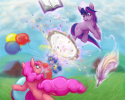 Size: 750x600 | Tagged: safe, artist:nepharus, imported from derpibooru, pinkie pie, twilight sparkle, 2012, balloon, book, party cannon, quill