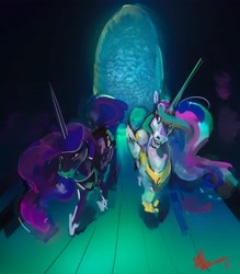 Size: 3588x4096 | Tagged: safe, artist:alumx, imported from derpibooru, princess celestia, princess luna, alicorn, pony, digital painting, duo, female, hoers, mare, perspective, siblings, sisters