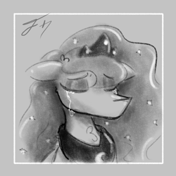 Size: 1024x1024 | Tagged: safe, artist:foxcorn17, imported from derpibooru, princess luna, alicorn, pony, bust, crying, eyes closed, female, floppy ears, grayscale, mare, monochrome, solo