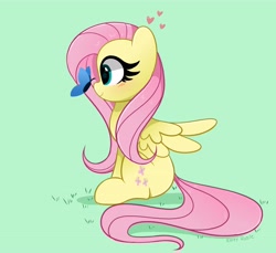Size: 4096x3758 | Tagged: safe, artist:kittyrosie, imported from derpibooru, fluttershy, butterfly, pegasus, pony, absurd resolution, blushing, butterfly on nose, cute, daaaaaaaaaaaw, female, green background, heart, high res, insect on nose, looking at something, mare, profile, shyabetes, simple background, sitting, smiling, solo, spread wings, starry eyes, wingding eyes, wings