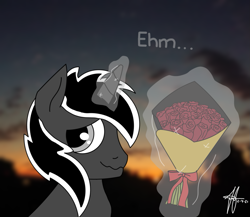 Size: 1245x1080 | Tagged: safe, artist:alexlobo70, imported from derpibooru, oc, oc only, pony, unicorn, blurry background, bouquet, cloud, flirting, flower, glowing horn, grey oc, horn, looking at you, magic, male, outdoors, real life background, rose, signature, sky, smiling, solo, solo male, stallion, sunset, wavy mouth