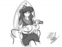 Size: 1280x960 | Tagged: safe, artist:foxcorn17, imported from derpibooru, princess luna, human, sparkle's seven, black and white, female, grayscale, humanized, luna petting goose, monochrome, petting, simple background, sitting, solo, throne, white background