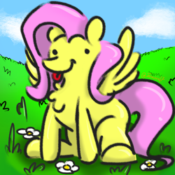 Size: 1024x1024 | Tagged: safe, artist:foxcorn17, imported from derpibooru, fluttershy, pegasus, pony, chest fluff, dot eyes, female, majestic as fuck, mare, silly, sitting, solo, tongue out