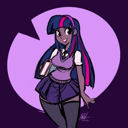 Size: 720x720 | Tagged: safe, artist:andrewdickman, imported from derpibooru, part of a set, twilight sparkle, human, book, breasts, busty twilight sparkle, clothes, dark skin, female, hairband, humanized, necktie, skirt, socks, solo, thigh highs, vest, video at source, wide hips, zettai ryouiki