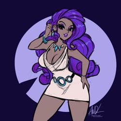 Size: 720x720 | Tagged: safe, artist:andrewdickman, imported from derpibooru, part of a set, rarity, human, bracelet, breasts, busty rarity, cleavage, clothes, dark skin, dress, ear piercing, earring, female, humanized, jewelry, necklace, piercing, solo, video at source