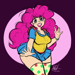 Size: 720x720 | Tagged: safe, artist:andrewdickman, imported from derpibooru, part of a set, pinkie pie, human, bracelet, breasts, busty pinkie pie, chubbie pie, chubby, clothes, cute, diapinkes, female, freckles, happy, humanized, jewelry, polka dots, skirt, smiling, socks, solo, thigh highs, video at source, wide hips