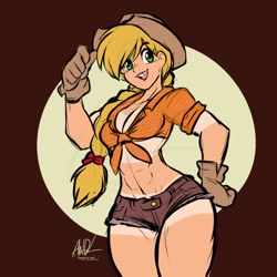 Size: 720x720 | Tagged: safe, artist:andrewdickman, imported from derpibooru, part of a set, applejack, human, abs, belly button, breasts, busty applejack, cleavage, clothes, daisy dukes, farmer's tan, female, front knot midriff, gloves, hat, humanized, midriff, shorts, solo, tan lines, video at source