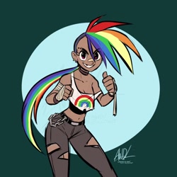 Size: 720x720 | Tagged: safe, artist:andrewdickman, imported from derpibooru, part of a set, rainbow dash, human, alternate hairstyle, bandage, bandaid on nose, belly button, choker, clothes, dark skin, ear piercing, earring, female, humanized, jewelry, midriff, nose bandaid, pants, piercing, ponytail, sleeveless, solo, tanktop, torn clothes, undercut, video at source