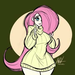 Size: 720x720 | Tagged: safe, artist:andrewdickman, imported from derpibooru, part of a set, fluttershy, human, breasts, busty fluttershy, clothes, female, hair over one eye, humanized, solo, sweater, sweater puppies, sweatershy, video at source, wide hips