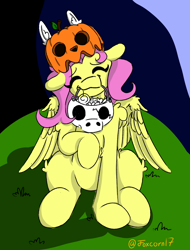Size: 1080x1420 | Tagged: safe, artist:foxcorn17, imported from derpibooru, fluttershy, pegasus, pony, candy, candy pail, cute, eyes closed, female, food, halloween, happy, head tilt, holiday, jack-o-lantern, mare, mouth hold, outdoors, pumpkin, raised hoof, shyabetes, sitting, smiling, solo, wings