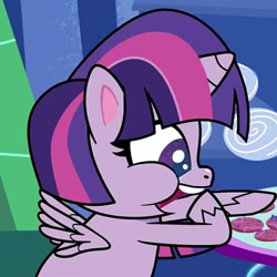Size: 720x720 | Tagged: safe, artist:inflationvideo, imported from derpibooru, screencap, twilight sparkle, alicorn, pony, my little pony: pony life, spoiler:pony life s02e11, spoiler:pony life season 2, chubby cheeks, computer chip cookie, eating, fat, female, g4.5, planet of the apps, pony life, solo, twilard sparkle, twilight sparkle (alicorn)