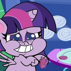 Size: 720x720 | Tagged: safe, artist:inflationvideo, imported from derpibooru, screencap, twilight sparkle, alicorn, pony, my little pony: pony life, spoiler:pony life s02e11, spoiler:pony life season 2, chubby cheeks, computer chip cookie, cropped, fat, female, food, g4.5, grin, planet of the apps, pony life, smiling, solo, teeth, twilard sparkle, twilight sparkle (alicorn)