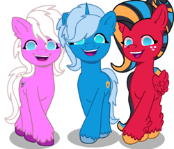 Size: 1280x1094 | Tagged: safe, artist:lynnthenerdkitty, imported from derpibooru, earth pony, pegasus, pony, unicorn, spoiler:g5, arcee, chromia, g5, no pupils, open mouth, open smile, ponified, smiling, trace, transformers, windblade