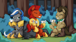 Size: 2560x1440 | Tagged: safe, artist:mysticalpha, imported from derpibooru, doctor whooves, time turner, oc, oc:captain sunride, oc:cloud zapper, earth pony, pegasus, pony, armor, cup, doctor who, food, forest, male, pegasus oc, royal guard, royal guard armor, royal guard oc, stallion, tea, teacup, the doctor, tree, wings