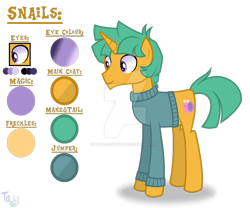 Size: 1280x1067 | Tagged: safe, artist:purplepotato04, imported from derpibooru, snails, pony, clothes, deviantart watermark, obtrusive watermark, older, older snails, reference sheet, simple background, solo, sweater, transparent background, watermark