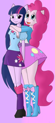 Size: 1103x2473 | Tagged: safe, artist:muchigirl, imported from derpibooru, pinkie pie, twilight sparkle, human, equestria girls, boots, clothes, duo, eared humanization, female, hug, hug from behind, humanized, lesbian, open mouth, open smile, ponied up, pony ears, shipping, shoes, simple background, skirt, smiling, tailed humanization, twinkie