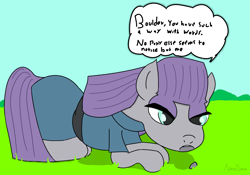 Size: 3500x2450 | Tagged: safe, artist:nazodafist, imported from derpibooru, boulder (pet), maud pie, earth pony, pony, boulder (g4), high res, lying down, rock, text