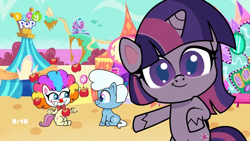 Size: 1024x576 | Tagged: safe, imported from derpibooru, screencap, fluttershy, twilight sparkle, alicorn, pegasus, pony, lolly-pop, my little pony: pony life, spoiler:pony life s02e19, background pony, bipedal, breaking the fourth wall, clown, clown makeup, clown nose, clown wig, cute, female, flutterclown, g4.5, male, pointing, pony life, red nose, trio, twiabetes, unnamed character, unnamed pony, up closed