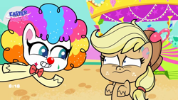 Size: 1024x576 | Tagged: safe, imported from derpibooru, screencap, applejack, fluttershy, earth pony, pegasus, pony, lolly-pop, my little pony: pony life, spoiler:pony life s02e19, applejack's hat, clown, clown makeup, clown nose, clown wig, cowboy hat, duo, duo female, female, flutterclown, g4.5, hat, nervous, pony life, red nose, wavy mouth