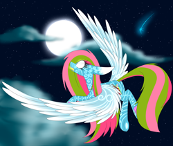 Size: 2668x2247 | Tagged: safe, artist:mediasmile666, imported from derpibooru, oc, oc only, oc:media smile, pegasus, pony, cloud, female, flying, full moon, high res, mare, moon, sky, solo, starry night