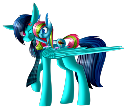 Size: 2624x2286 | Tagged: safe, artist:mediasmile666, imported from derpibooru, oc, oc only, oc:media smile, pegasus, pony, clothes, duo, female, high res, mare, ponies riding ponies, raised hoof, riding, scarf, simple background, transparent background, vein bulge