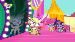 Size: 1024x576 | Tagged: safe, imported from derpibooru, screencap, applejack, pinkie pie, twilight sparkle, alicorn, earth pony, pony, lolly-pop, my little pony: pony life, spoiler:pony life s02e19, apple, clown, coulrophobia, female, food, g4.5, juggling, mare, mirror, pony life, sitting